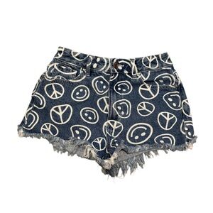 PacSun High Rise Festival Jean Shorts blue denim white smile & peace print sz 24